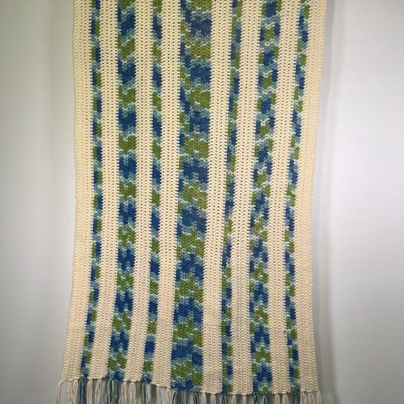 Vintage Crochet Afghan Blanket Striped Blue Green Cream Fringe Pockets Retro MCM - Picture 5 of 5